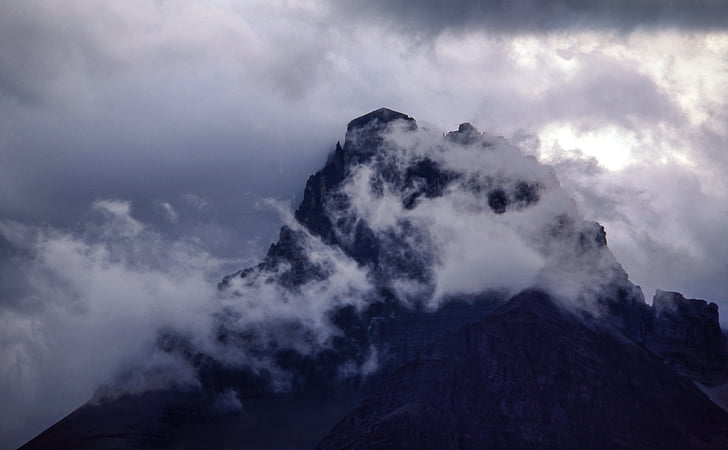 mountain, showing, summit, fog, daytime, cloud, hill