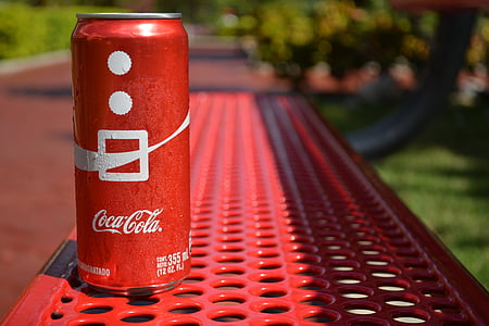 Coca cola, può, Parco, rosso, bere, Banca, estate