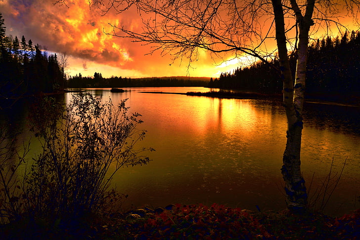puesta de sol, paisaje, Crepúsculo, cielo, caída, Lago, colores