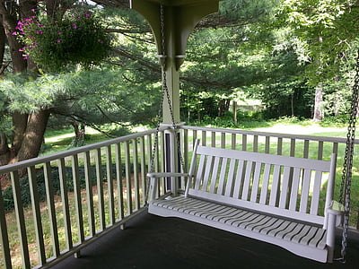 porch, swing, green, white, summer, house, yard