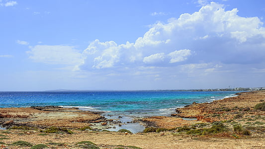 mar, costa rocosa, paisaje, naturaleza, azul, cielo, nubes