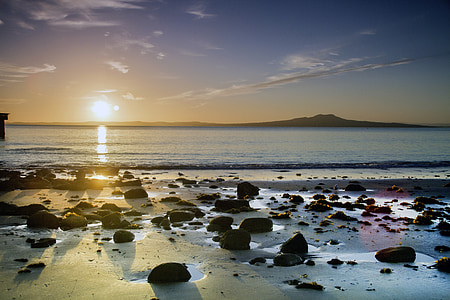 východ slunce, pláž, Nový Zéland, Auckland, Murrays bay
