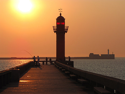 Wharf, hullámtörő, világítótorony, tenger, víz, séta, naplemente
