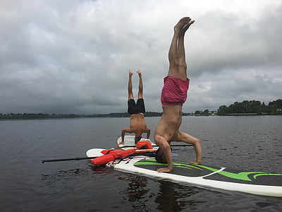 Yoga, paddleboard, paddleboard, headstand, Paddle, été, s’adapter