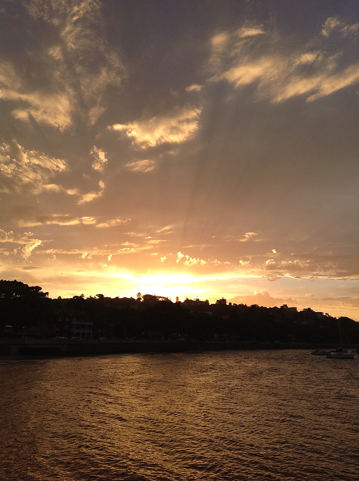 solnedgang, havn, Sydney, himmelen, skyer, skyline, skumring