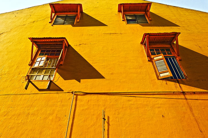 building, low angle shot, perspective, wall, windows, yellow