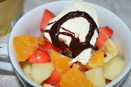 ice cream, fruits, ice cream scoop, strawberry, orange, apple, fresh