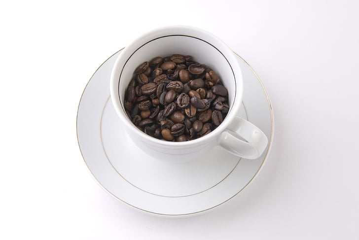 café, taza de té, café, plato, granos de café, una taza de café, la bebida