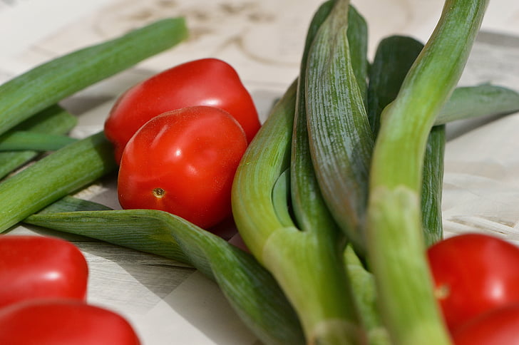 tomates, cebollas de primavera, verduras, saludable, vitaminas, Frisch, comer