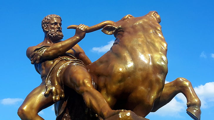 Herakles, Hercules, skulptur, Bull, kunstverk, figur, Metal