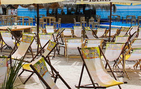 holiday, sea, beach, bar, deck chair, sun, palm trees