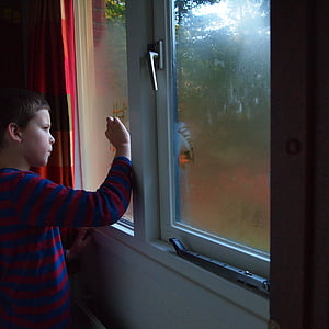 cửa sổ fogged, Cậu bé, dấu hiệu, mùa thu, nghệ sĩ, chiếu sáng, trẻ em
