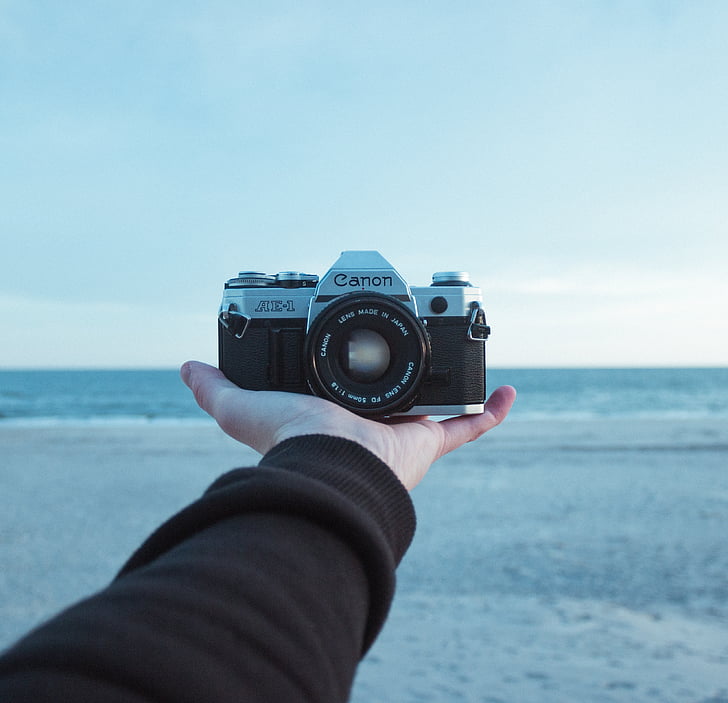 kaamera, Canon, Fotograafia, SLR, käsi, Palm, Sea