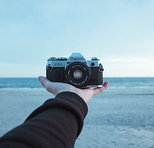 kamery, Canon, fotografii, SLR, ręka, palmy, morze