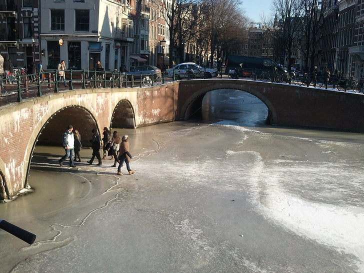 Amsterdam, canal, hiver, glace, canaux, congelés