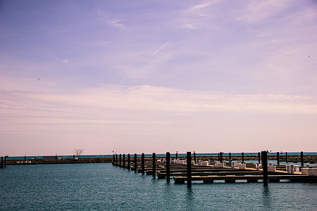 brown, sea, dock, sunset, sky, clouds, pier