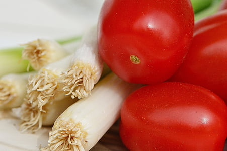 paradajky, Jarné cibuľky, zelenina, zdravé, vitamíny, Frisch, jesť