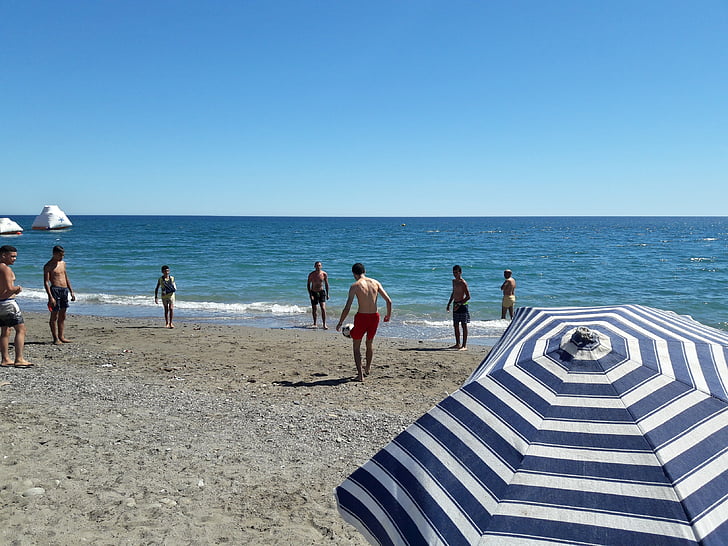 футбол, плаж, футболен мач, топка, спорт, Средиземно море, чадър