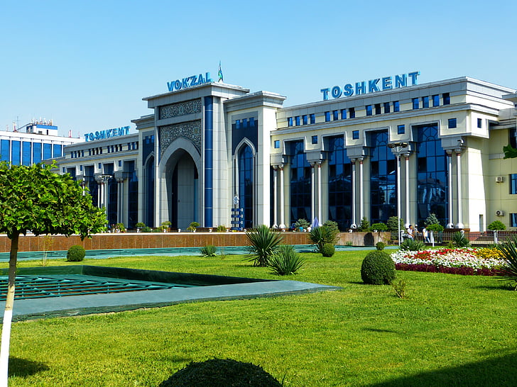 dzelzceļa stacija, Taškenta, Uzbekistāna, pienāk, atiet, ceļojumi, vilciens