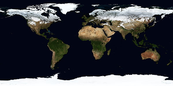 Terre, carte, hiver, janvier, continents, zones climatiques, vue aérienne