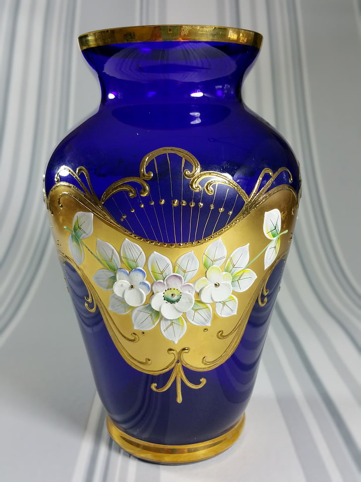 vaza, modra, steklo, cvetje, okrasek, dekoracija, bogato okrašen