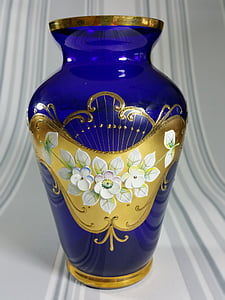 vas, blå, glas, blommor, prydnad, dekoration, utsmyckade
