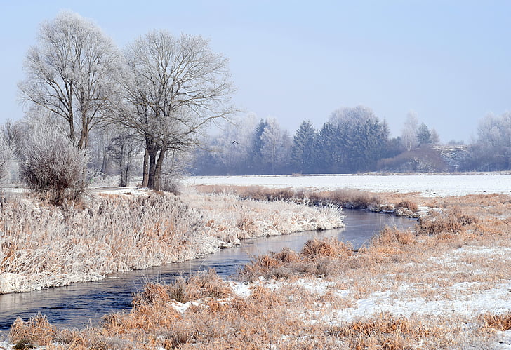 winter, river, nature, snow, hoarfrost, wintry, water