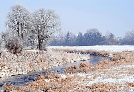talvel, jõgi, loodus, lumi, härmatis, talvistel, vee