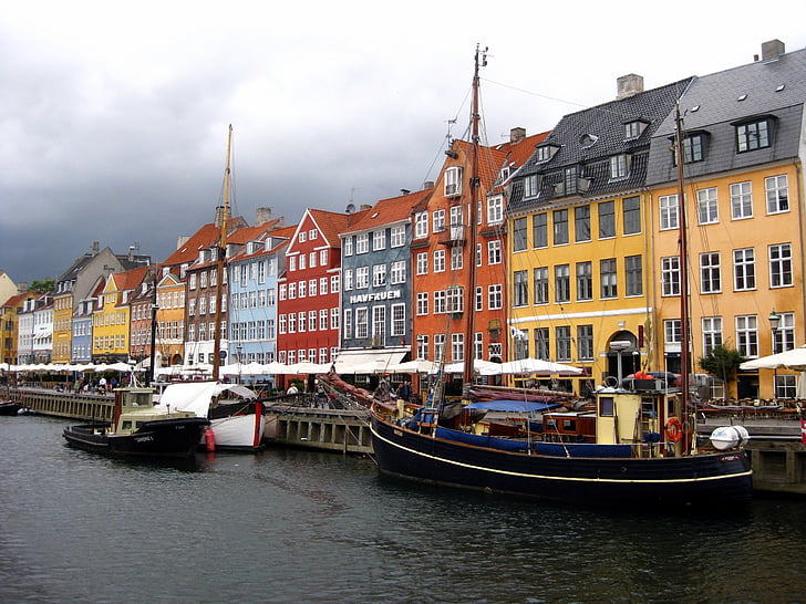 dzielnicy Nyhavn, wody, odbicie, Kopenhaga, Dania, Waterfront, kanał