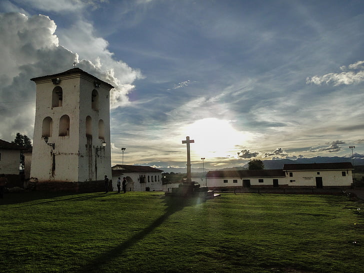 puesta de sol, Iglesia, Inkas, Perú, final, cúpula de la Cruz, cielo