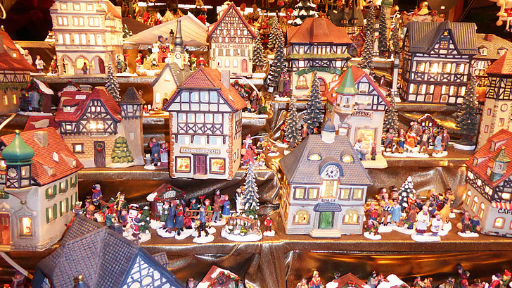 mercado de Natal, casas, figuras, luzes, decoração de Natal, Deco, stand de vendas