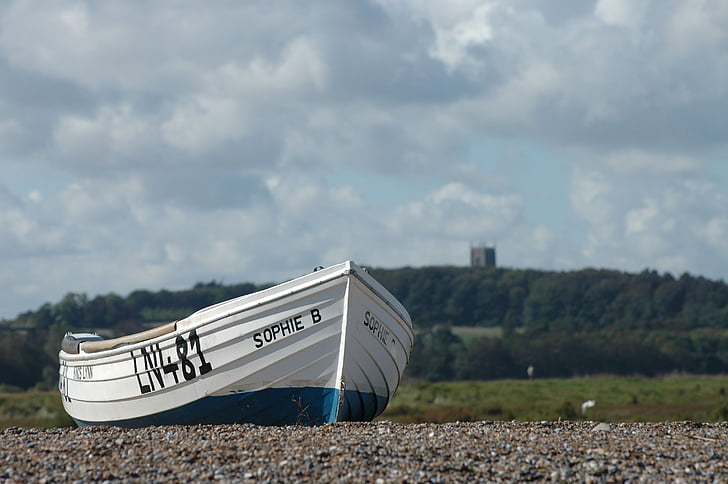 sophie, boot, fishing boat, clouds, coast, beach, rowing boat