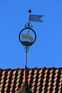 sky, gable, roof, weathervane, horse, animal, reiter