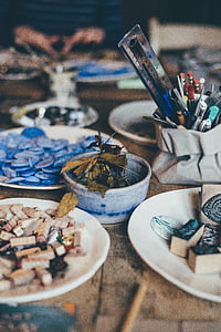 įvairūs, priedai, balta, žalsvai mėlyna, keramika, lėkštė, dubenys
