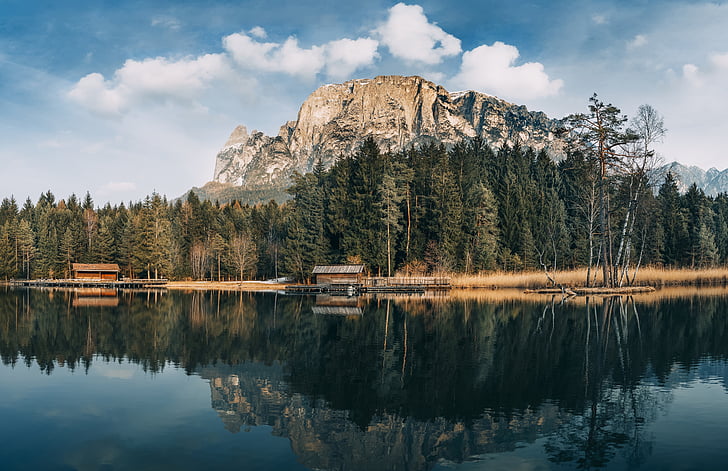 cabin, forest, lake, landscape, mountain, outdoors, reflection
