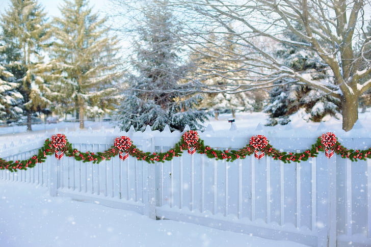 white picket fence, christmas, garland, fence, winter, picket, white