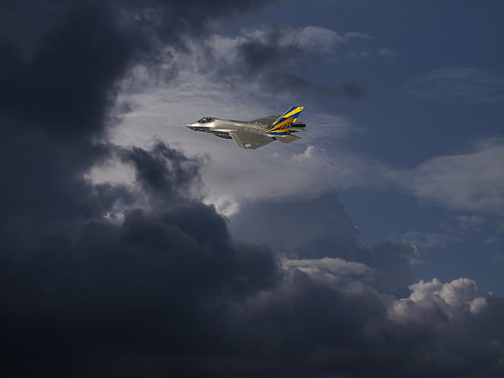 nuvens, dramáticas nuvens, avião de caça, jato, Lockheed martin f 35, aviões, força aérea