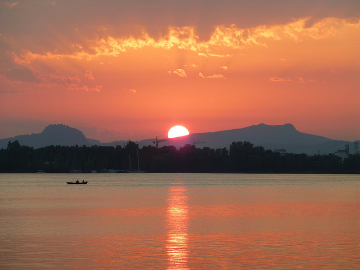 залез, настроение, Боденското езеро, езеро, вода, вечер светлина, романтика