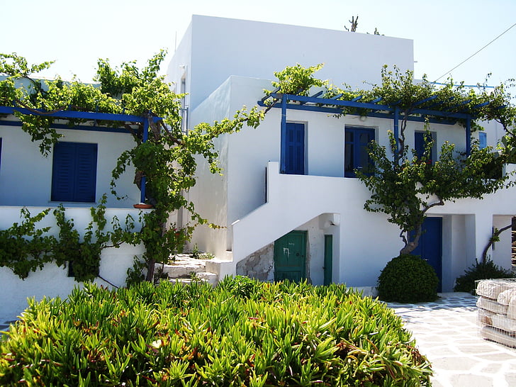 Lägenhet, hus grekiska, vit, blå, grön, resor, grekisk ö