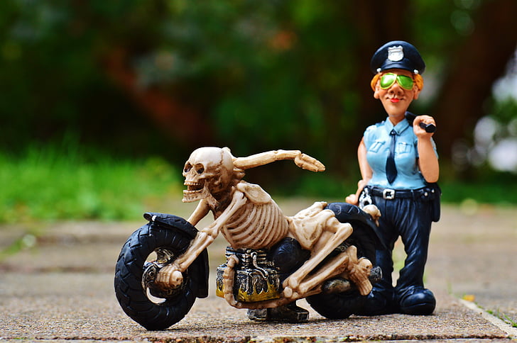 biker, squelette, femme policier, contrôle, chair de poule, bizarre, décoration