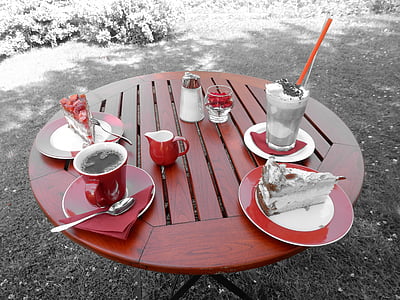 tabell, kaffe, latte macchiato, tårta, dricka kaffe, utanför catering, Cozy