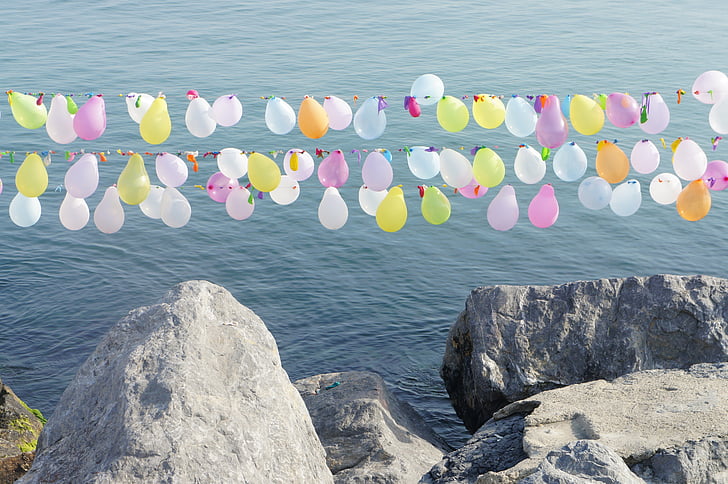 balões, Cor, mar, rocha, entretenimento, Istambul, à beira-mar