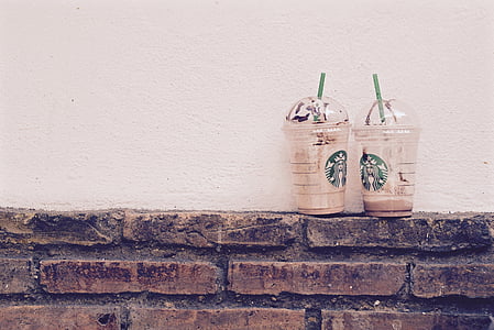 dekat, foto, dua, plastik, cangkir, Starbucks, kopi