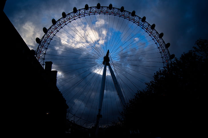 Лондонский глаз, Лондон, Столица, Великобритания, Нория, облака, тень
