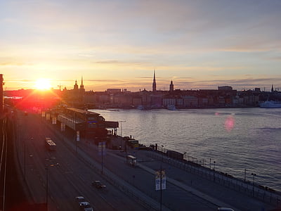 solnedgång, staden, Sverige, lampor, bostäder, moln, Sky