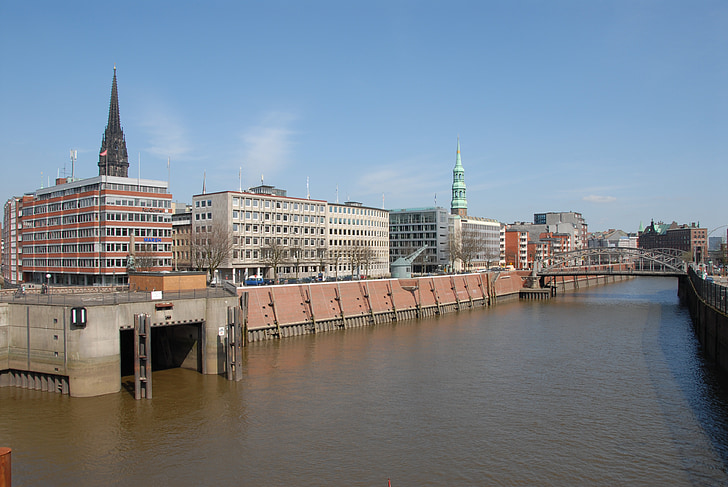 Hamburgo, canal, flota, Puerto, arquitectura, agua, edificio