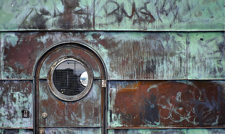 green, brown, metal, frame, door, wall, graffiti