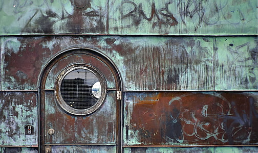 verd, marró, metall, Marc, porta, paret, graffiti