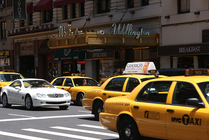 taxi, New York-i, sárga cab, autó, forgalom, sárga