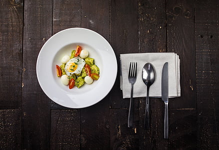 egg, salad, plate, wooden, table, cutlery, napkin